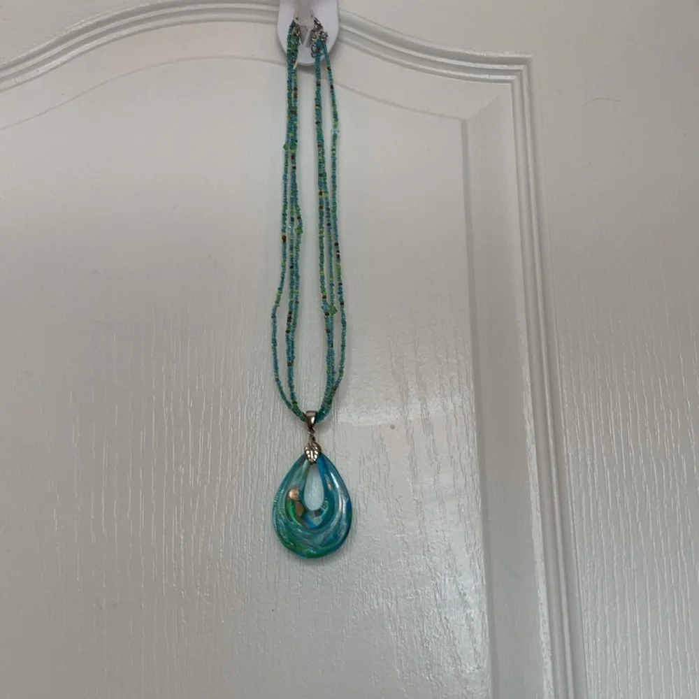Blue Green Glass Pendant with Blue Green Beads